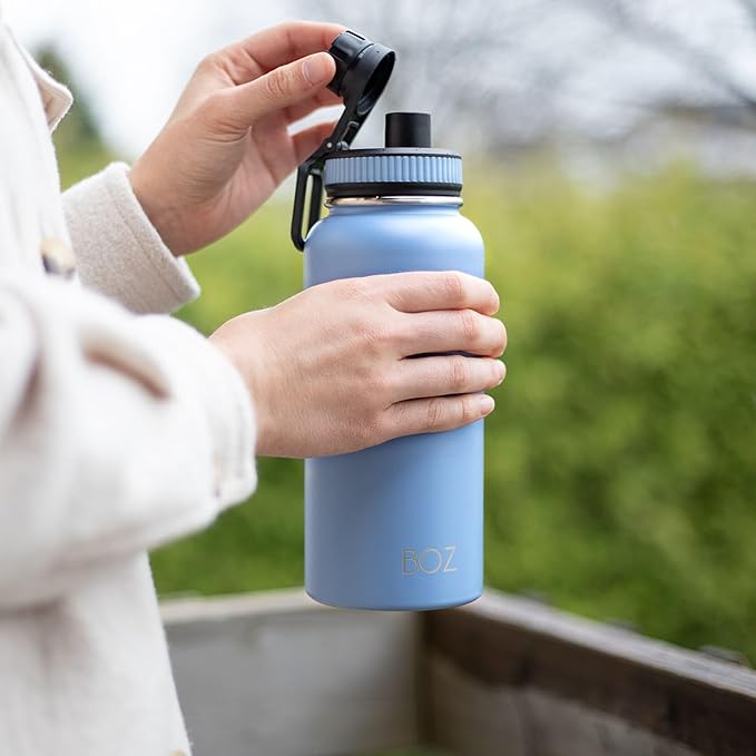 BOZ Stainless Steel Water Bottle - Vaccum Insulated Water Bottle 32 Oz - Wide Mouth BPA Free Sport Water Bottle for Gym with Spout Lid - Thermal Hot & Cold 1 Litre Light Blue Waterbottle