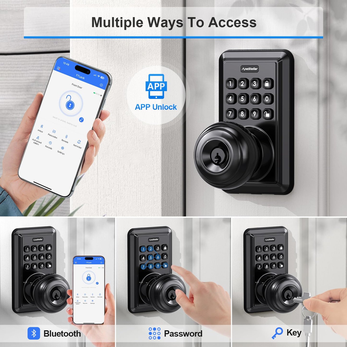 Wi-Fi Keyless Entry Door Lock with Knob - Smart Keypad Door Lock with Handle - Electronic Smart Knob for Front Door - APP Remote Control - No Hub Required - Auto Lock - Easy Installation