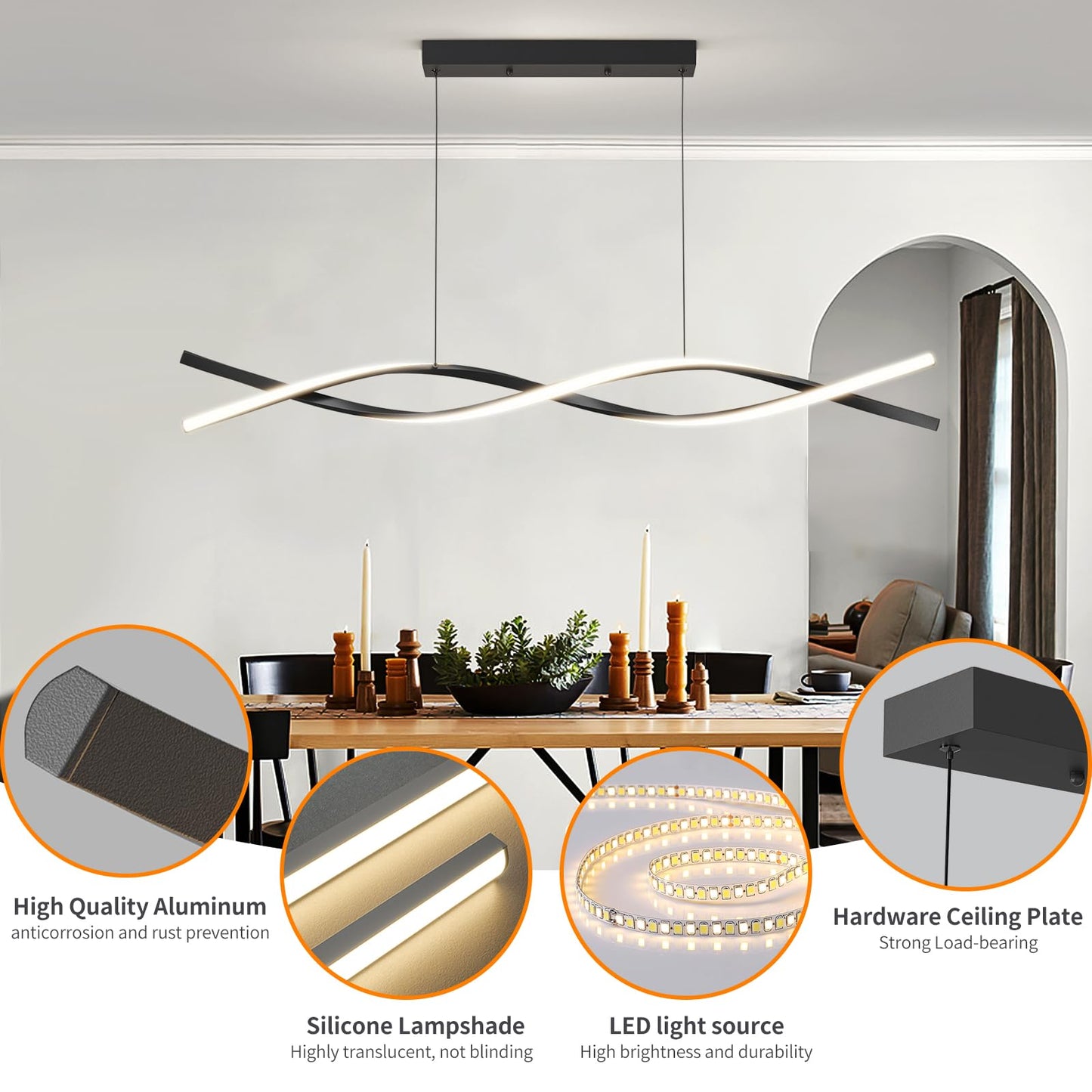 Mikeru Modern LED Ceiling Pendant Light, 57in Aluminum Chandelier, Remote Control, 3000K-6500K, Black, Model BL57