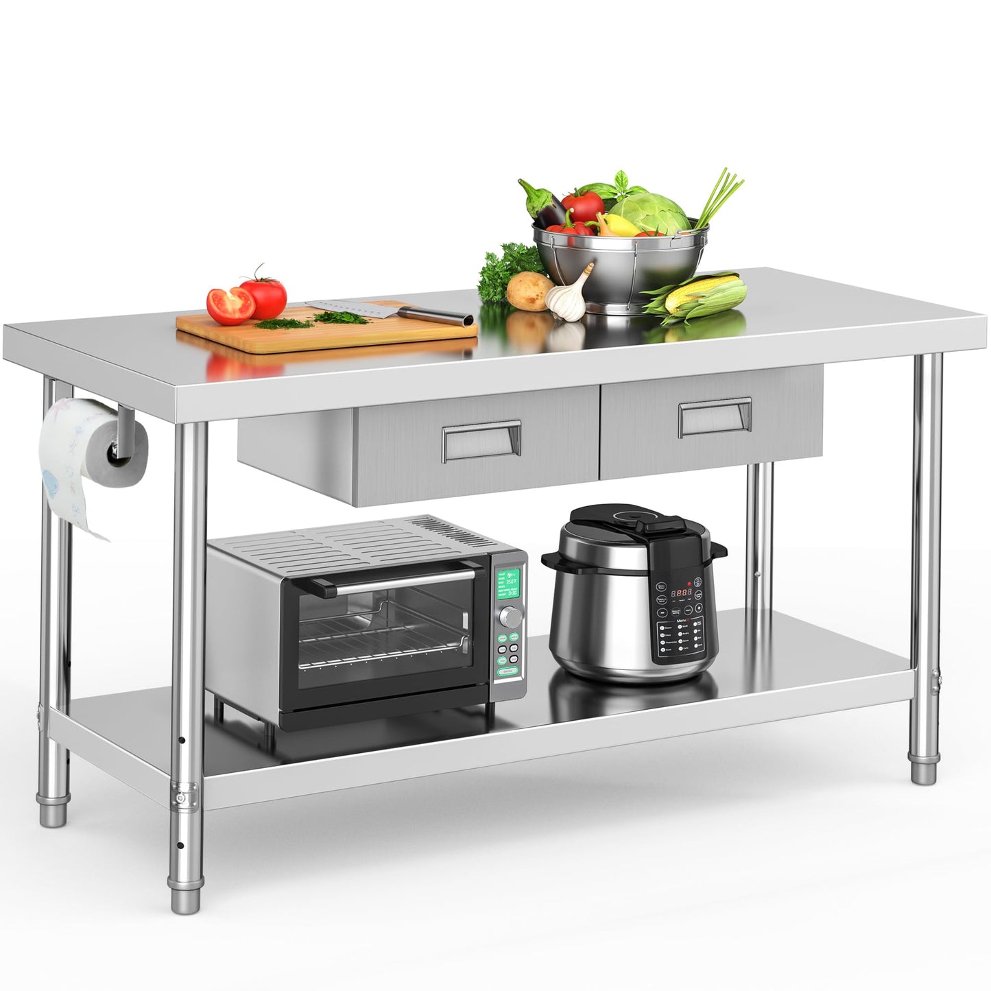 YITAHOME 60" X 24" Stainless Steel Table with Paper Towel Holder and 2 Drawers, NSF Work Table with Drawer, Metal Table Prep Table for Home Kitchen Restaurant Garage Warehouse