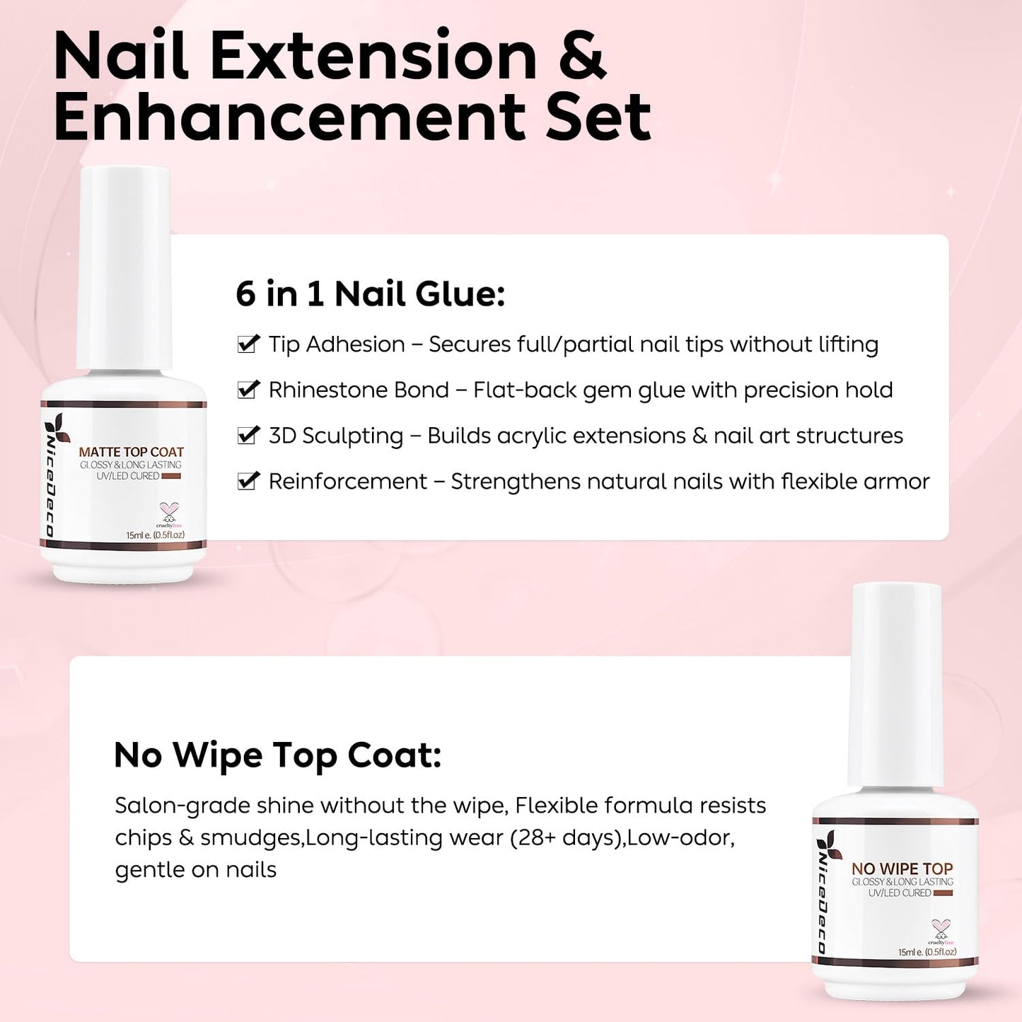 Nicedeco Gel Nail Polish 6 in 1 Nail Glue Gel and No Wipe Top Coat Set, Hema Free, Cruelty Free, Vegan, 2PCS 15ML for Adhesive N