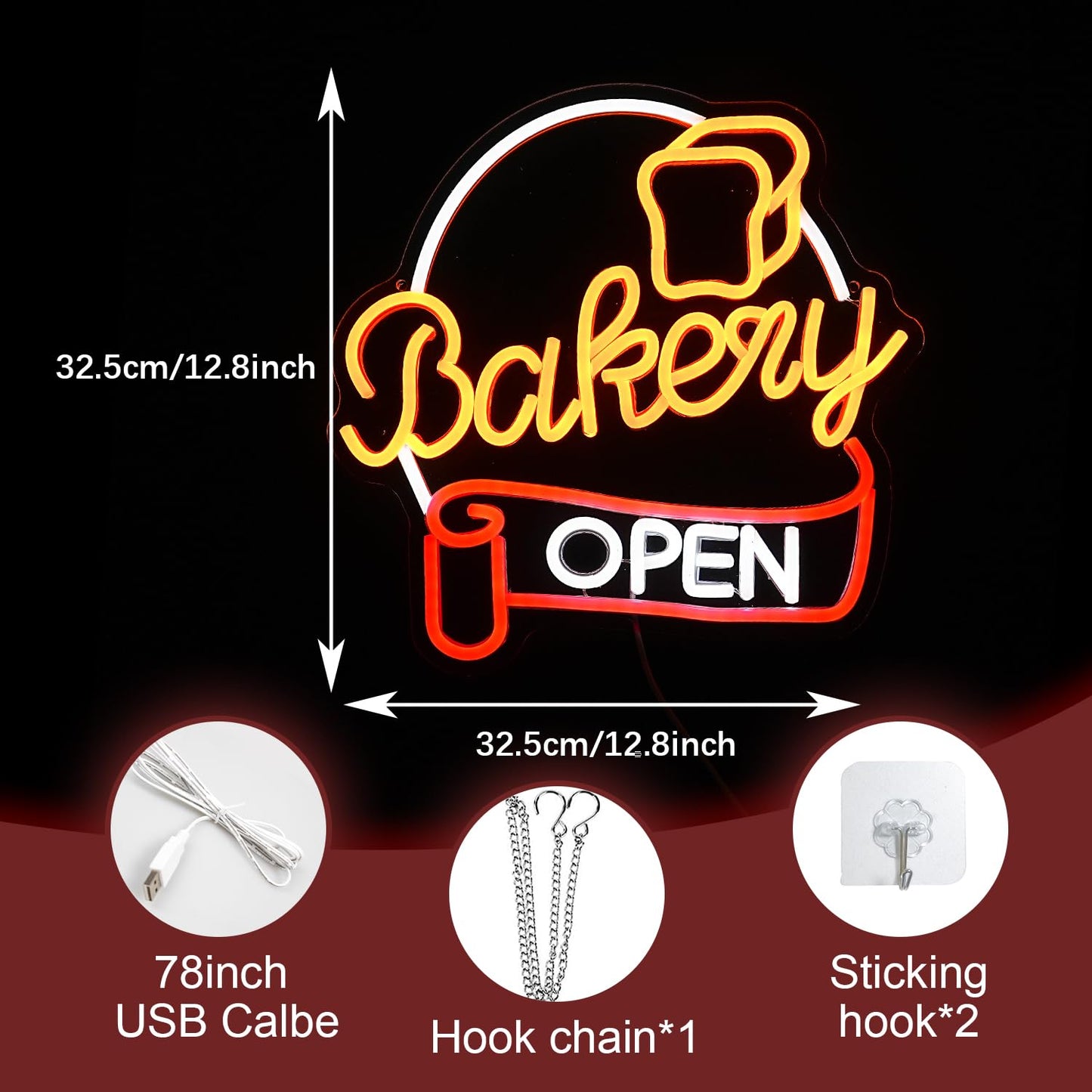 Liuozhtea Dimmable Bakery Open Neon Sign Usb Open Light Up Sign For Wall Decor Brighter Led Bakery Open Neon Light For Bakery Cake Shop Dessert House Business Decor(12.8 * 12.8 In)
