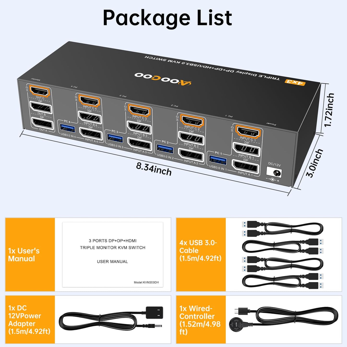 HDMI Displayport KVM Switch 3 Monitors 4 PC 8K@60Hz/4K@144Hz KVM Switches with USB 3.0 Port,Wired Remote,Power Adapter and USB3.0 Cables Included