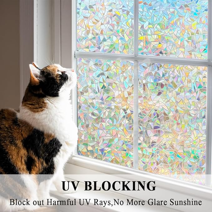 3D Prism Window Film,Transparent Decorative Glass Film Window Door Tint,Rainbow Effect Static Cling Heat Control Anti UV for Kitchen,Dining Room,Bedroom,Living Room,17.5 inches by 157 inches