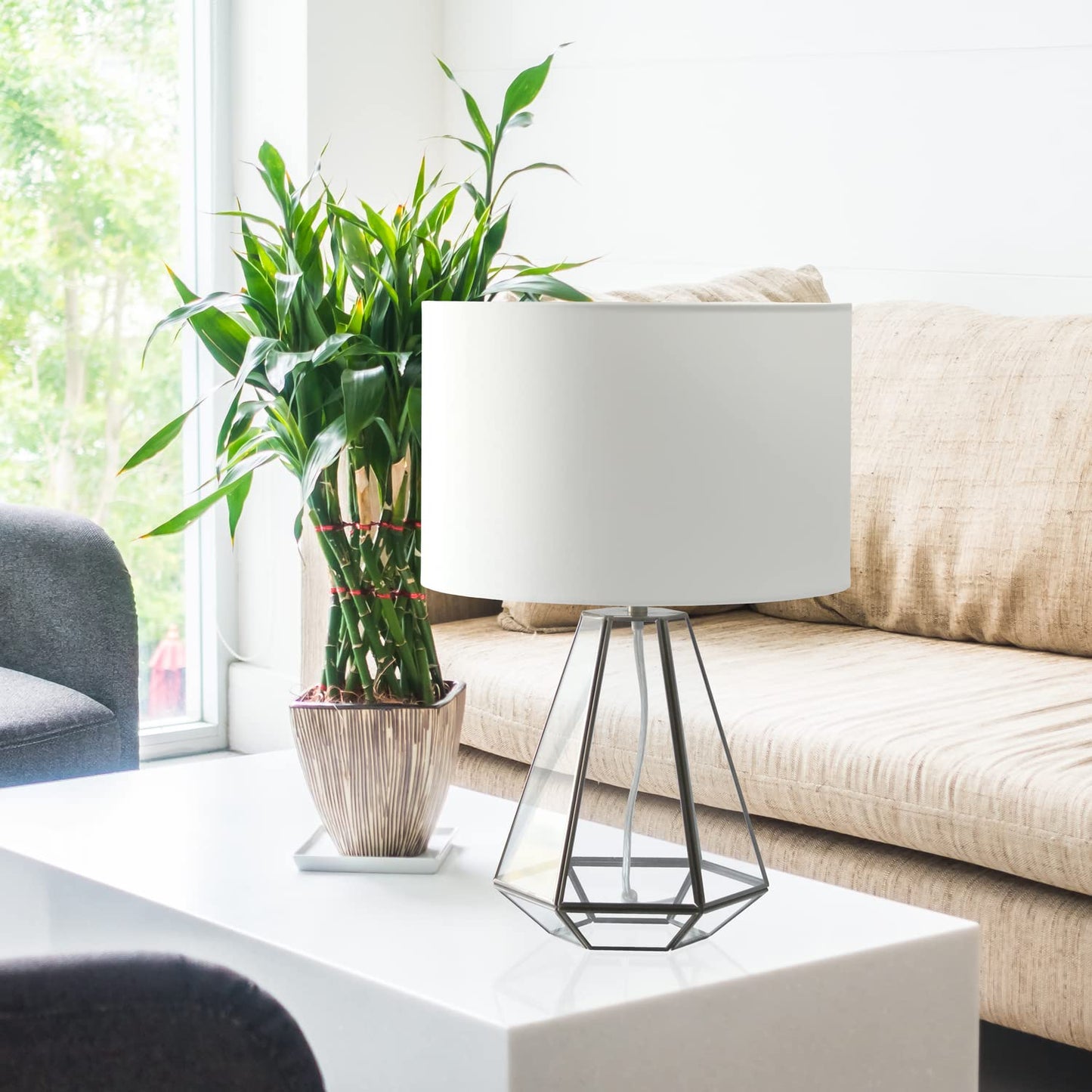 LALIA HOME Transparent Triagonal Table Lamp, Brass, 12inL x 12inW x 18.25inH, Glass/Brass, Model LHT-4009-BR