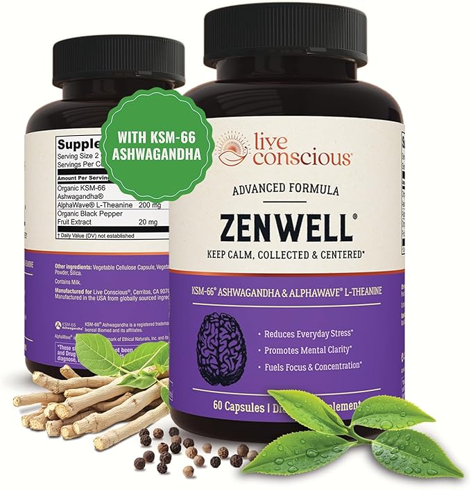 Live Conscious KSM-66 Ashwagandha Supplement w/L Theanine & AlphaWave - ZenWell Everyday Stress Relief, Cognitive, Brain H...
