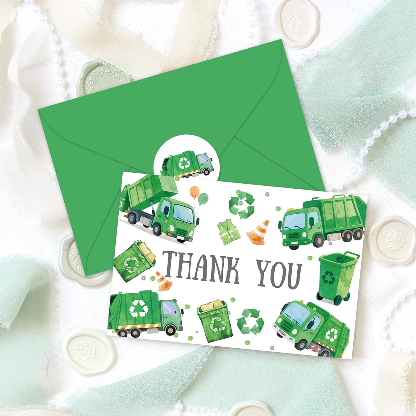 Whaline 24Pcs Garbage Truck Thank You Cards Green Trash Truck Note Cards with Envelopes Stickers Blank Greeting Card for Birthday Baby Shower, 4 x 6 Inch
