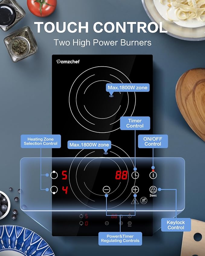 AMZCHEF Induction Cooktop 2 Burners, 12 Inch Bulit-in & Countertop Induction Stove with Plug 110V-120V, 9 Power Levels Electric Stove 1800W, Child Lock, Timer, Touch Control for Fast Cooking