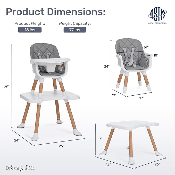 Dream On Me Luna 4-in-1 Convertible Baby High Chair in Cool Gray, Transforms into Booster, Toddler Seat & Table Set, Adjustable and Removable Tray Portable High Chair