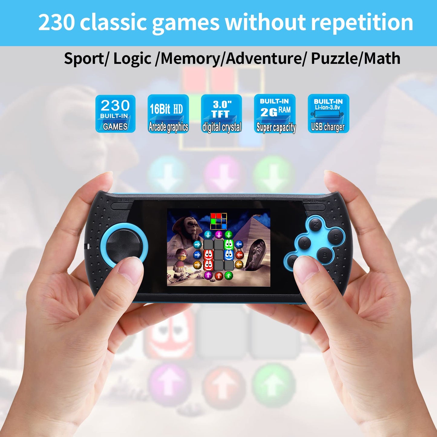 16 Bit Handheld Game for Kids Built-in 230 HD Classic Retro Video Games USB Rechargeable 3.0 Inch Childrens Travel Electronics Toys Portable Gaming Player System Gift for Boys Girls Ages 4-8-12
