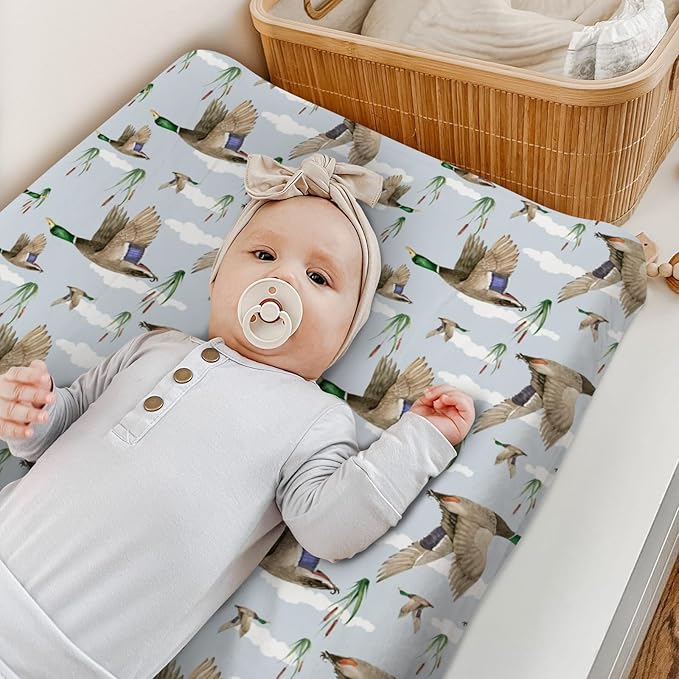 HawSkgFub Duck Hunting Mallard Hunter Changing Pad Cover for Baby Boys, Wild Animal Bird Reeds Blue Diaper Change Table Covers, Soft Stretchy Safe Snug Fitted Changing Mat Sheets Fit 32"/34" x 16"