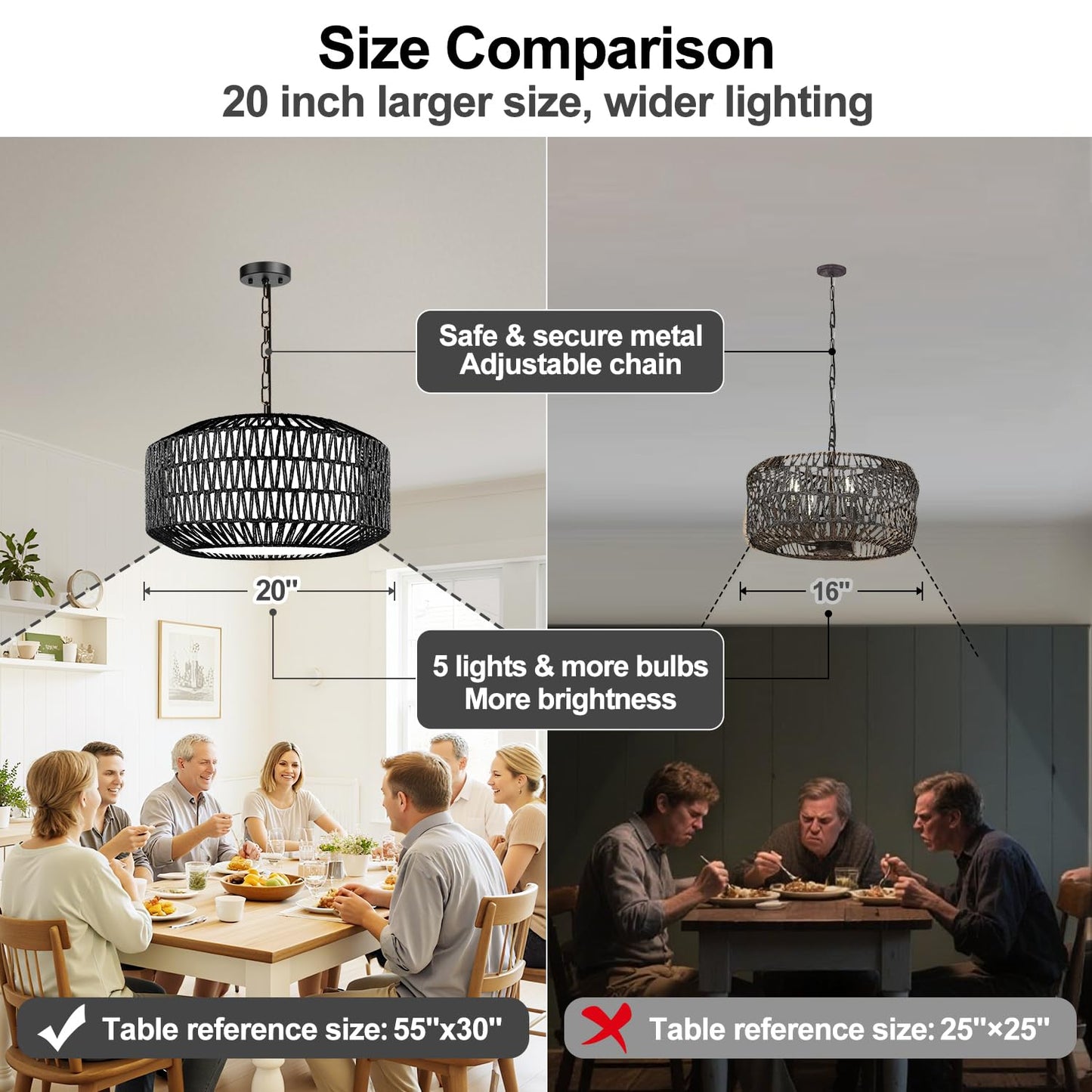 Lynnoland Farmhouse Black Chandelier Light Fixture  5-Light Rustic Boho Chandeliers With Rattan & Linen Shade  Black Hanging Lighting For Dining Room  Kitchen Island  Bedroom (Bulbs Not Included)