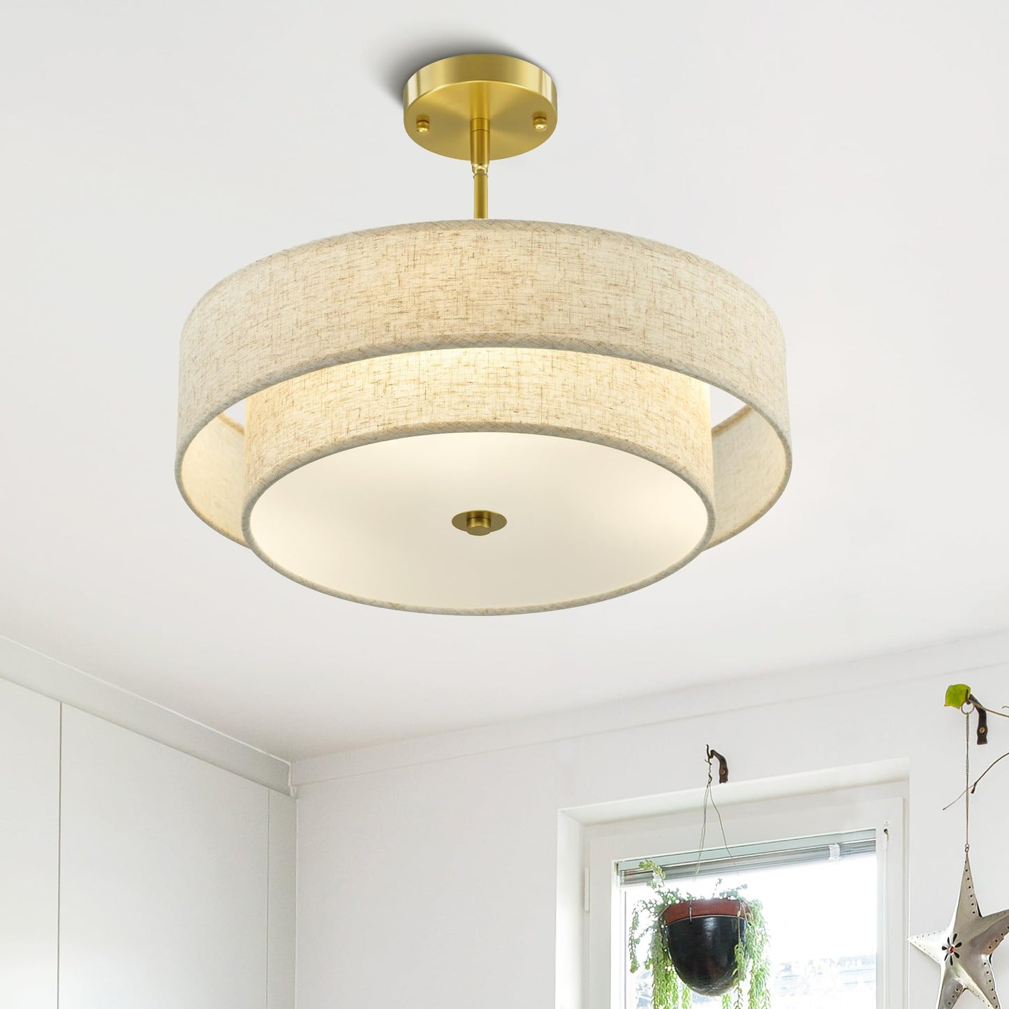Vonluce 18 Modern Drum Chandelier, 4-Light Pendant Light Fixture, Gold Fabric Shade, Model Hcf1018Gd For Dining Room, Bedroom, Living Room