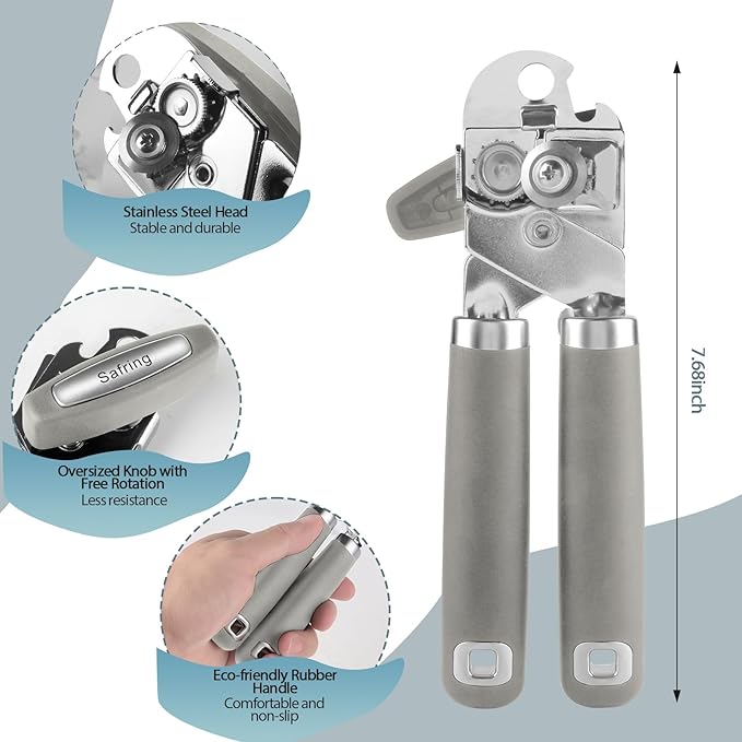 Can Opener Manual, Heavy Duty Handheld Strong Can Opener with Soft Touch Handle, Sharp Blade Smooth Edge, Can Openers with Multifunctional Bottle Opener, Gray