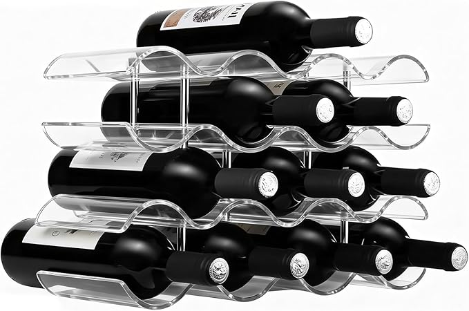 Wine Rack Countertop, Wine Rack for Inside Cabinet, Acrylic Wine Holder, Wavy Wine Bottle Holder for Cabinet Pantry Home Kitchen (4 Tiers - 14 Bottles)
