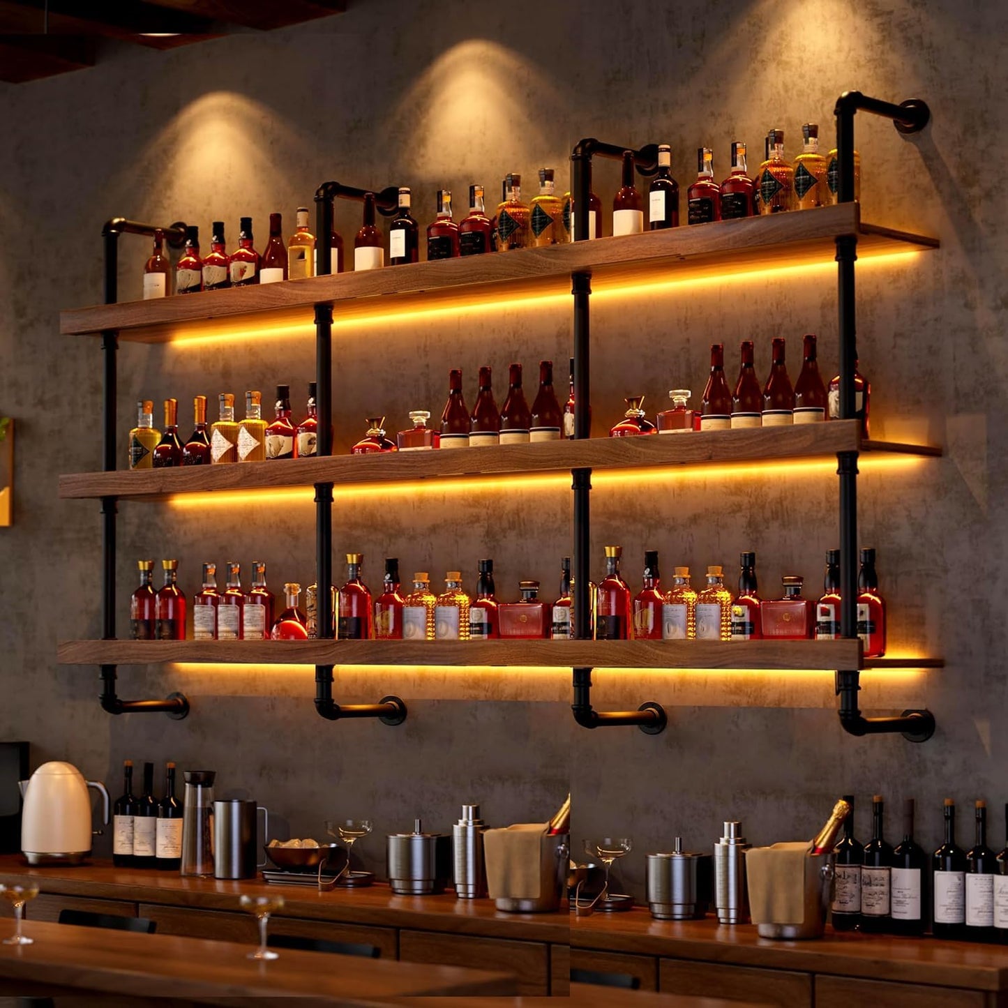 Dawselod 78.7in Large Wine Rack with LED Light Solid Wood Wall Mounted Wine Rack, 3-Tiers Liquor Bottles Floating Shelves Display Storage Organizer for Home Bar & Dining Room (200cm/78.7in)