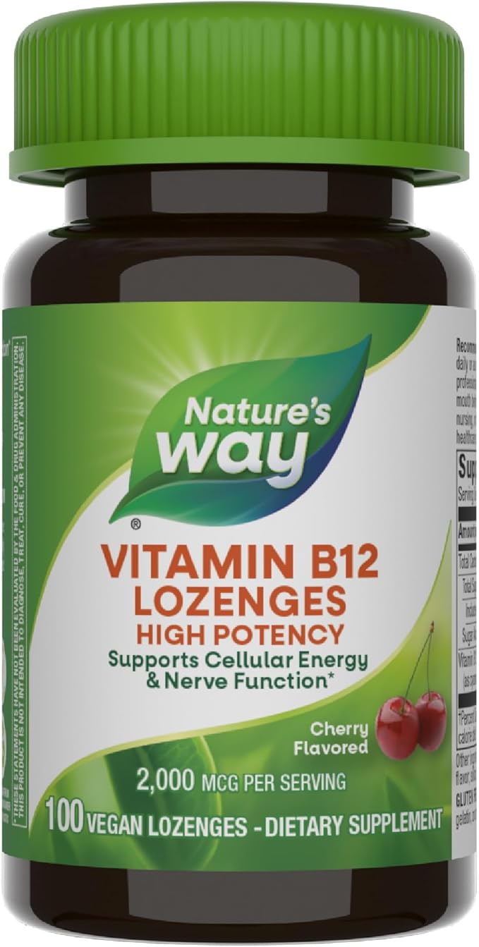 Nature’s Way Vitamin B-12 Lozenges, 2,000 mcg Vitamin B12 per Lozenge, Supports Cellular Energy & Nerve Function*, No Gluten, Vegan, Cherry Flavored, 100 Count (Packaging May Vary)