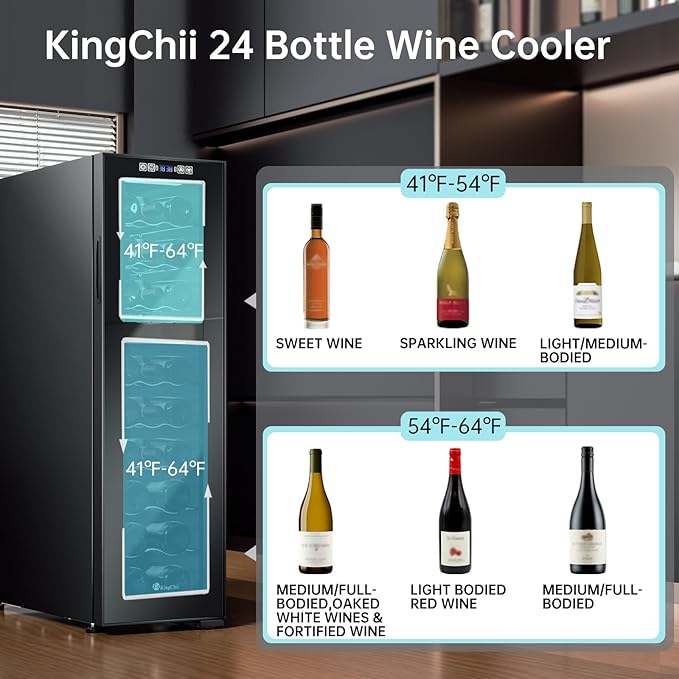 KingChii 24 Bottle Wine Cooler Refrigerator Dual Zone Wine Fridge - Intelligent Digital Control, Low Noise Professional Compressor, Freestanding for Home, Office, or Kitchen