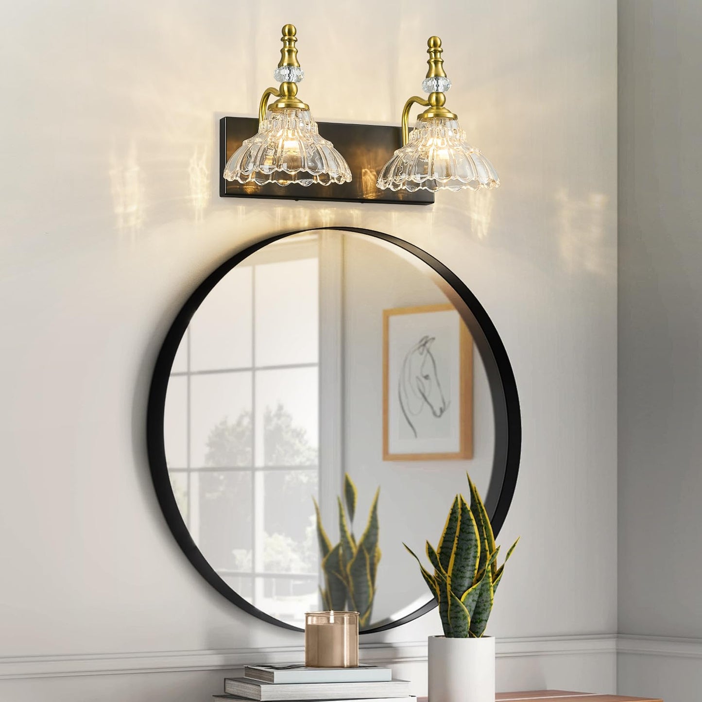 Lbsqj Vintage Bathroom Vanity Light  2-Light Black Gold Vanity Lighting Fixture With Flower Glass Shade  Bathroom Lighting Fixtures Over Mirror