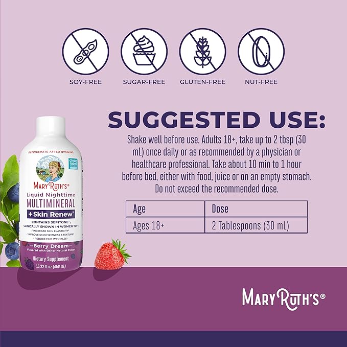 Liquid Nighttime Liquid Multimineral + Skin Renew for Women | Sleep Supplement | Reduce Fine Wrinkles | Improve Skin Firmness | Sugar Free | Magnesium | NO Melatonin | Vegan | 15 Servings