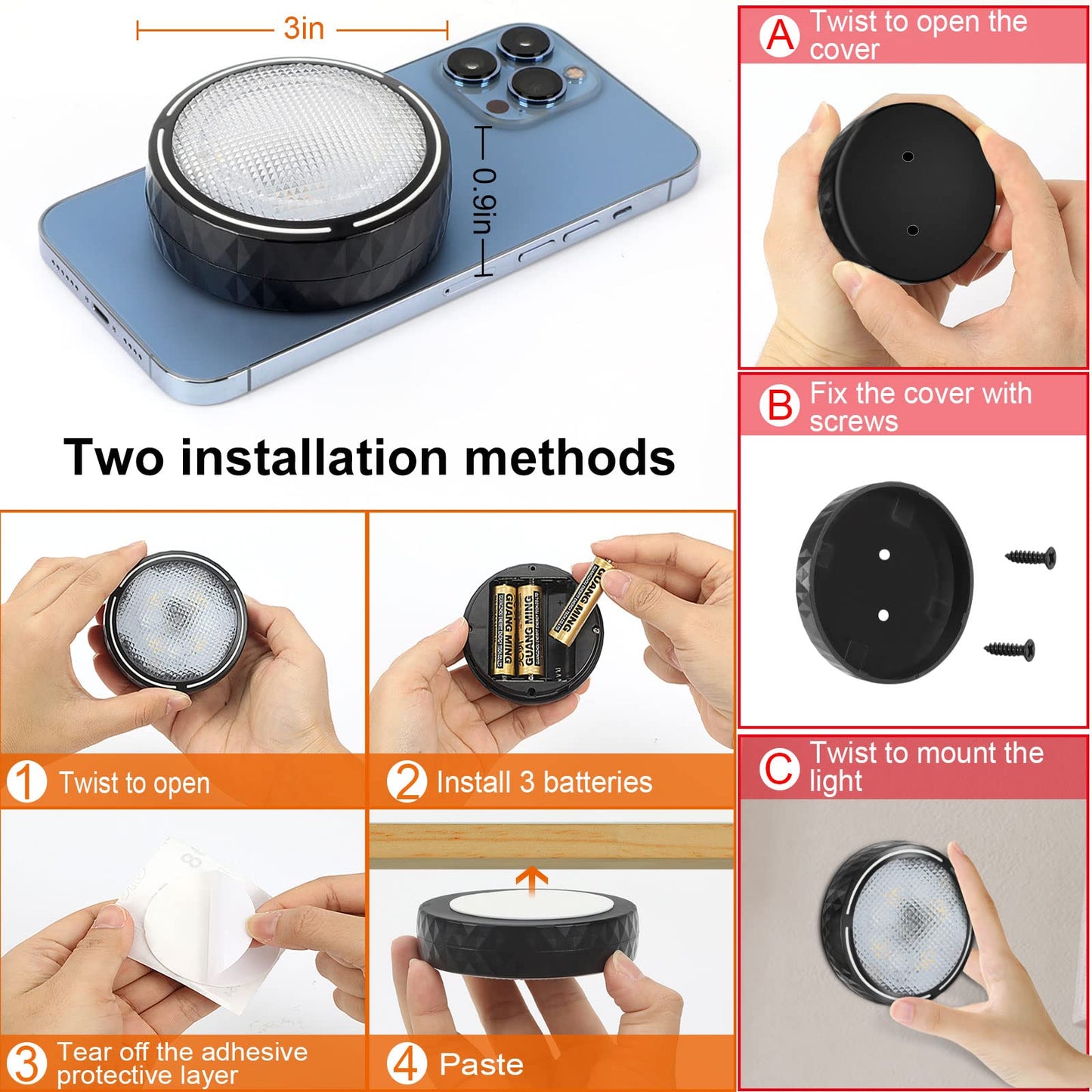Onumii Battery Operated Puck Lights with Remote - Color Changing, Timer, 2 Pack, Black, Model 5#-F-22-02