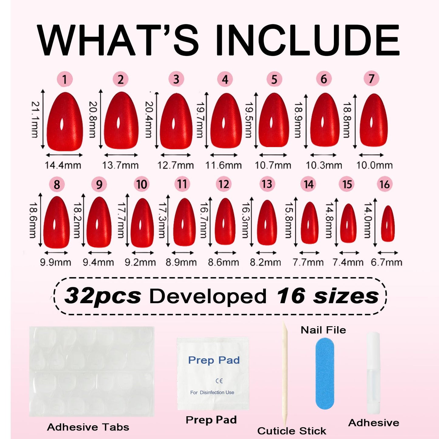 MRSCOL Press on Nails-Fiery Red,32 Pcs Press on Nails Almond,Press On Nails Short Reusable 16 Sizes - 32 Nail Kit with Glue