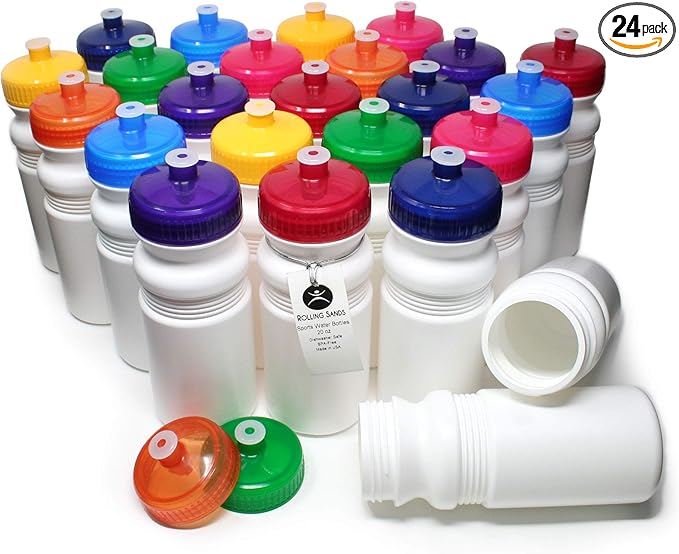 Rolling Sands 20 Ounce Sports Water Bottles 24 Pack, BPA-Free, Made in USA, Dishwasher Safe, White Bottles/Variety
