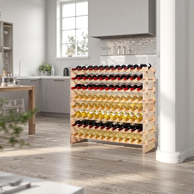 VEVOR 96 Bottle Stackable Modular Wine Rack, 8-Tier, Floor Freestanding Wine Storage Rack, Solid Wood Wines Display Shelf, Wobble-Free Shelves, Easy Assembly, for Kitchen, Cellar, and Bar, Natural