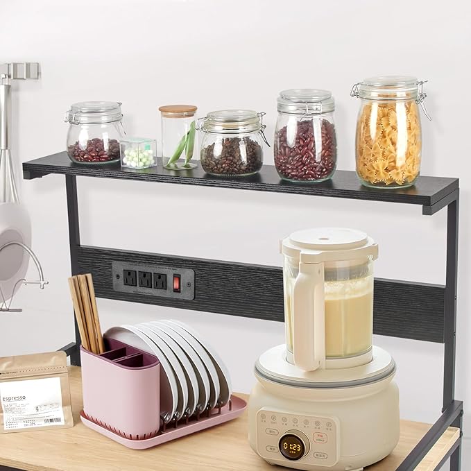 4-Tier Kitchen Baker's Rack with Power Outlet, Microwave Stand and Storage Shelves, Coffee Station Organizer (White Maple and Black)