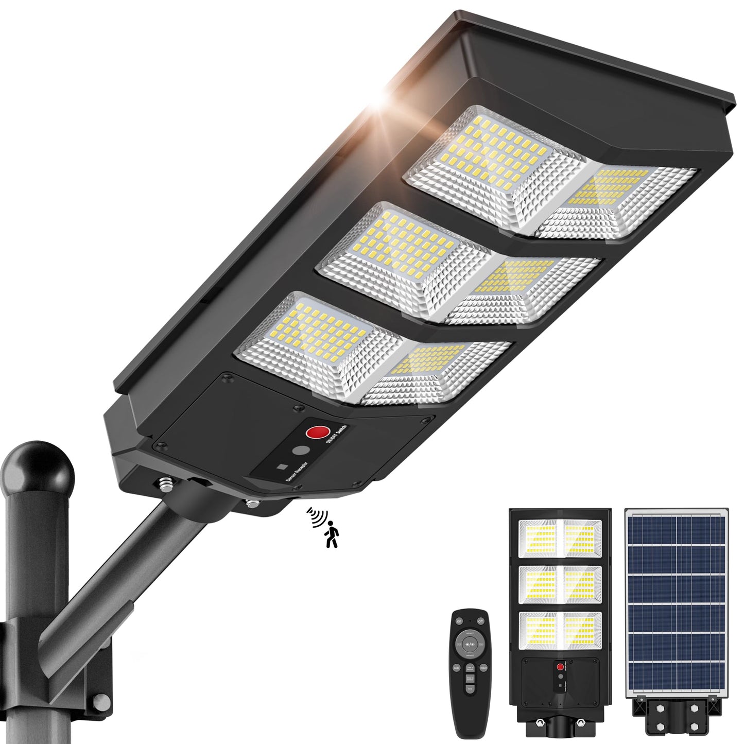 OKPRO Solar Street Lights - 6500K Motion Sensor, IP66 Waterproof, Remote Control, 3000W, Black, 1 Pack
