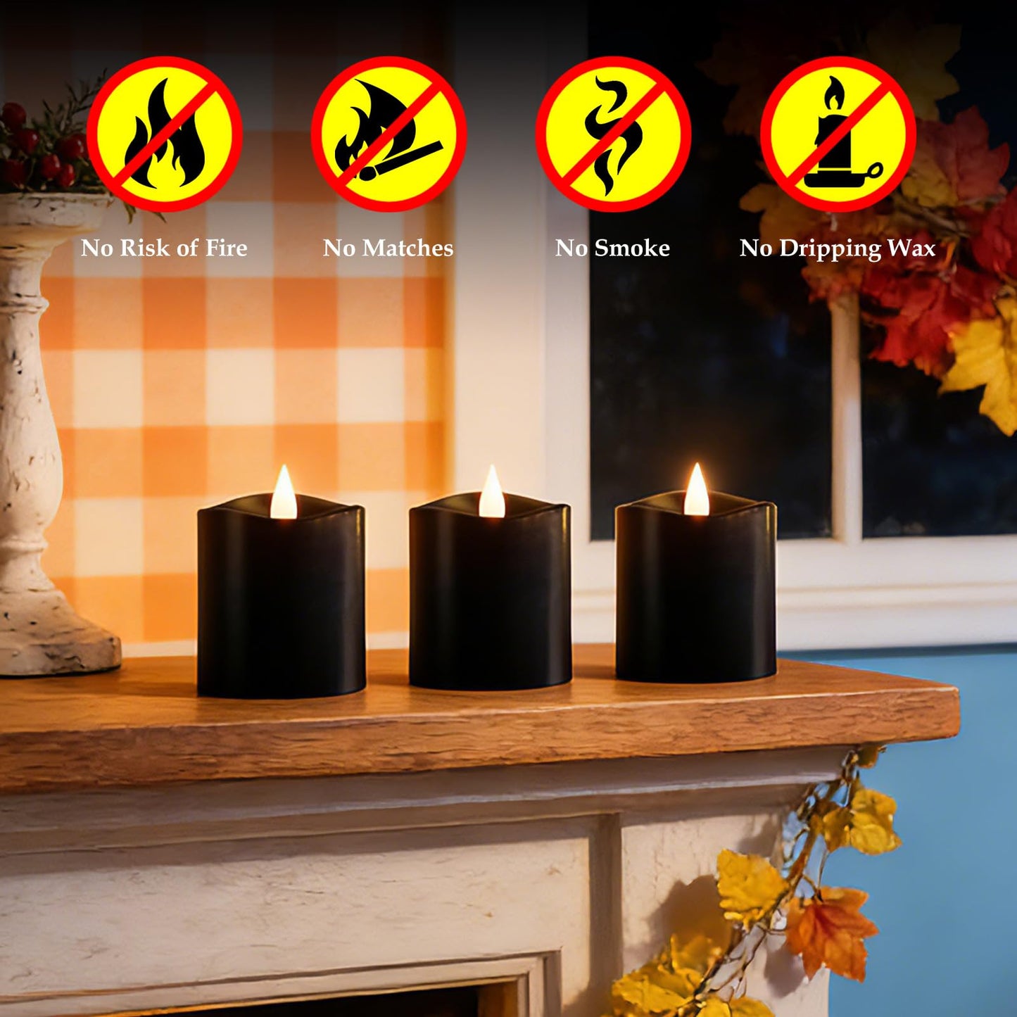Woocodowe 3inch Black Pillar Flameless Candles - 3D Flickering, Remote Timer, Battery Operated, 600+ Hours, Halloween & Gothic Themed Decor (Black, 3"*3"-3pcs)