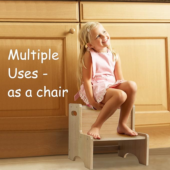 WOOD CITY Toddler Step Stool for Kids, Wooden Two Step Children's Stool with Handles, Bonus Non-Slip Pads for Safety, Bathroom Potty Stool & Kitchen Step Stools Dual Height