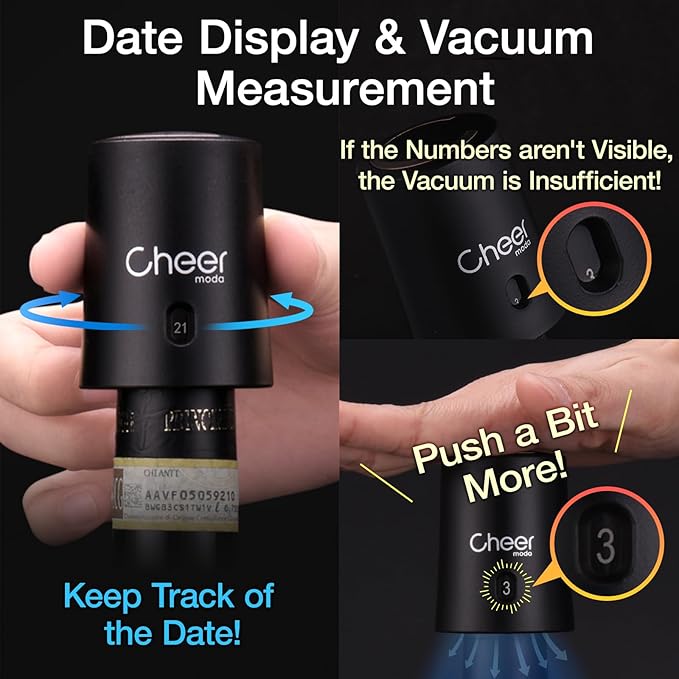 CheerModa Vacuum Wine Stopper with Date Display – 7‑Day Wine Preservation Stopper, Silicone Wine Cap & ABS, French Design, 4 Colors (Black-JS15-FBA)