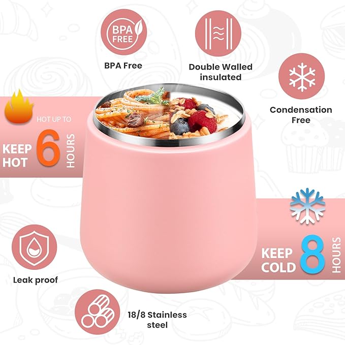 Kids Thermo for Hot Food 20oz Lunch Containers with Buckle Lid Wide Mouth Hot Food Jar Vacuum Insulated Stainless Steel Bento Box Leakproof with Spoon(Pink)