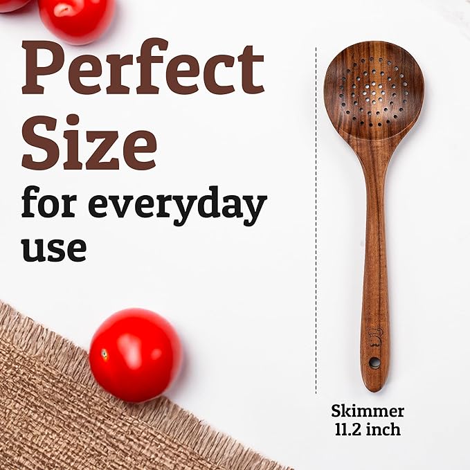 PriorityChef Wooden Skimmer Spoon – Teak Large Slotted Spoon For Cooking or Frying, with Long Handle, Nonstick Safe and Hand-Finished – Durable Wooden Strainer for Kitchen Use