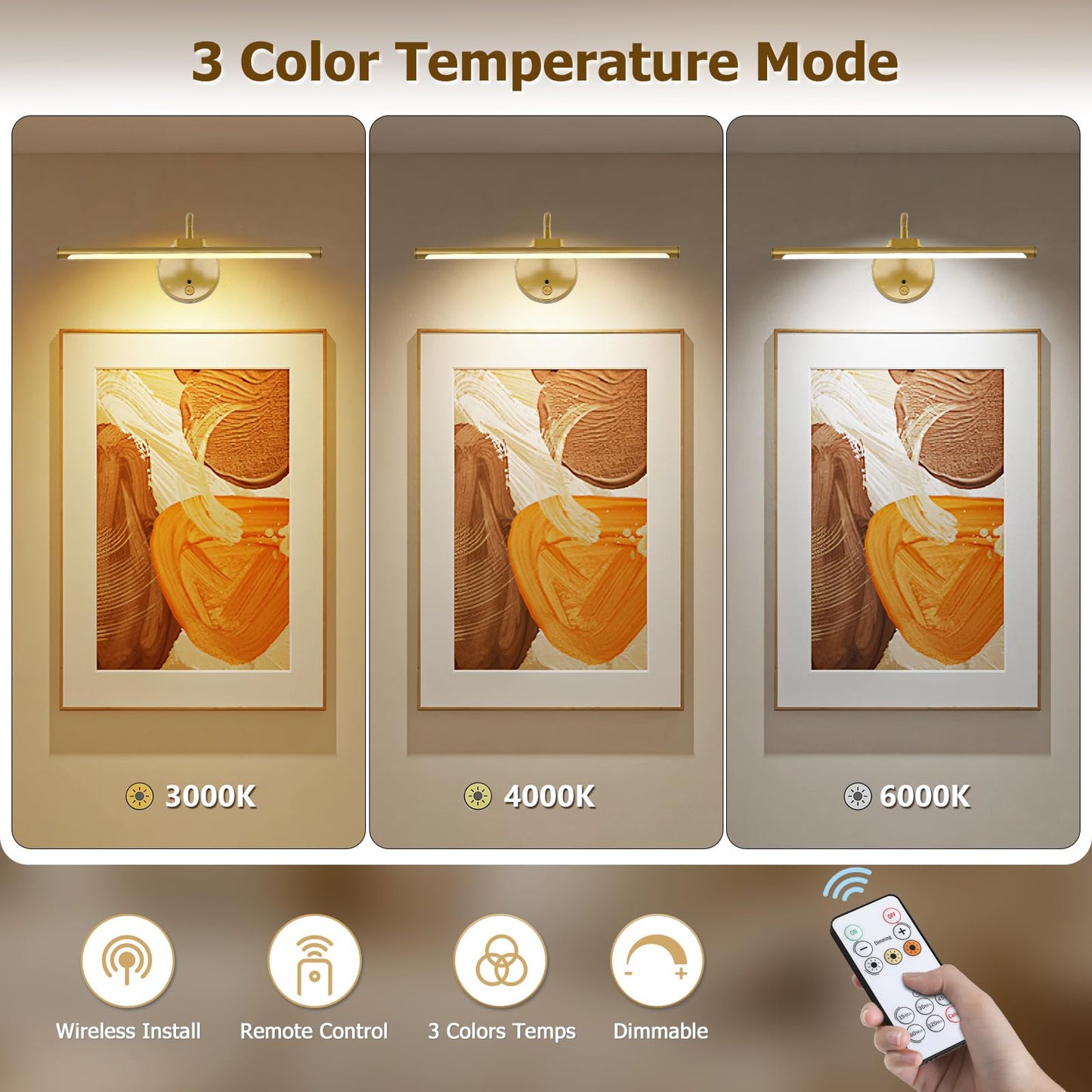 Picture Lights For Wall - Wireless Rechargeable Led Light With Remote  Adjustable Arm  Gold Battery Operated Display Lighting For discomfort-reducingtings  Bedroom  Gallery Wall D?Cor (Gold  12.6 Inch - 1Pack)