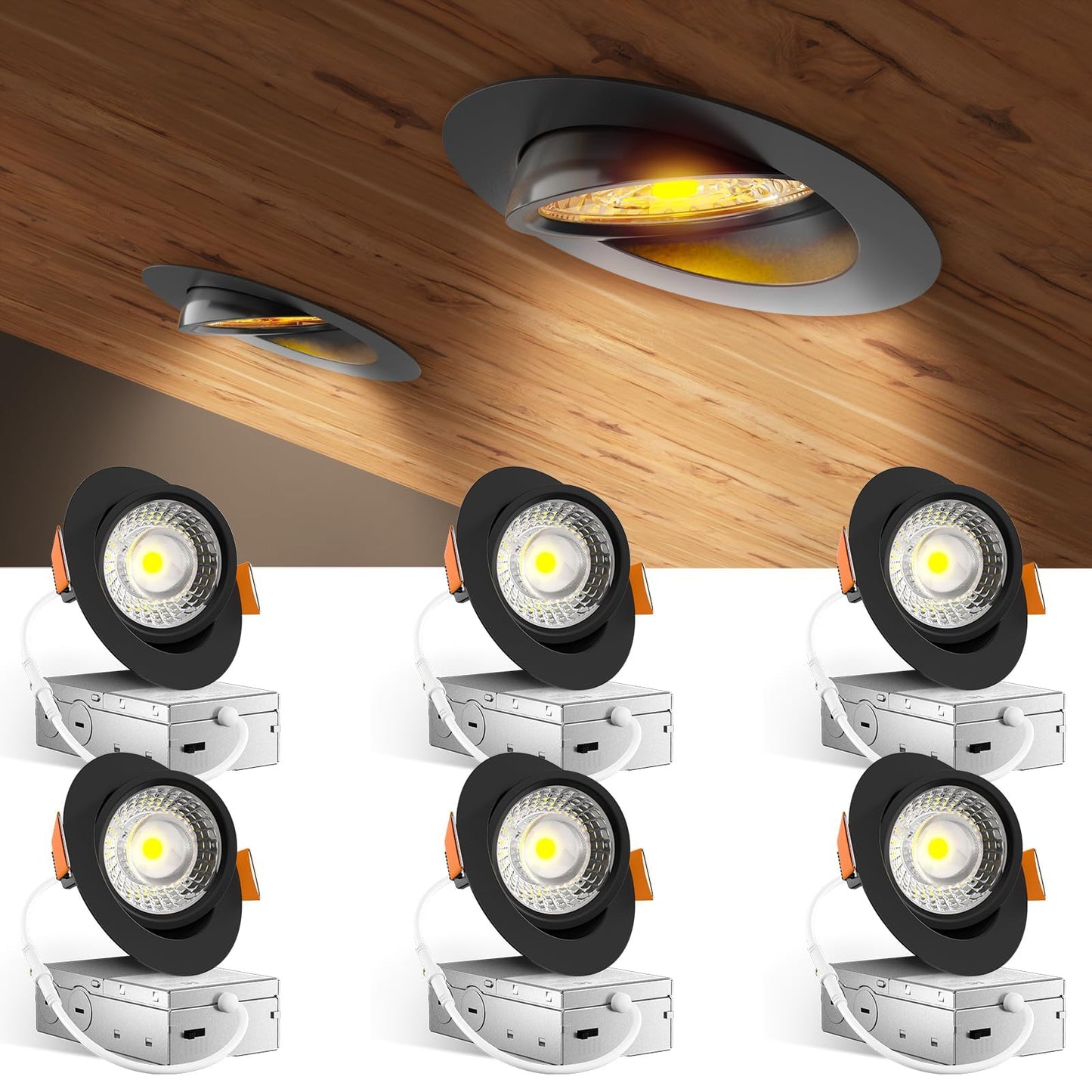Amico 6 Pack 4 Inch 5Cct Gimbal Led Recessed Lighting  360&90Adjustable Eyeball Directional Downlight  Dimmable  2700K/3000K/3500K/4000K/5000K Selectable  9W 700Lm Cri90+  Black  Etl&Fcc