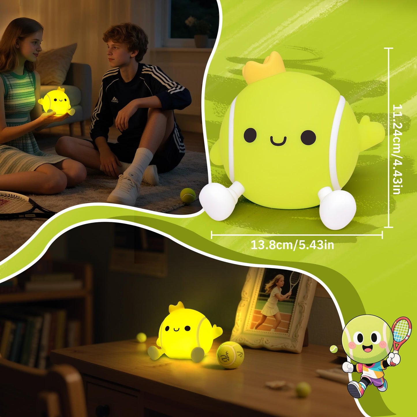 Attivilife Tennis Night Light  Tennis Ball Gifts For Kids  Rechargeable Nursery Bedroom Table Decor Dimmable Led Touch Lamp  Birthday Graduation Christmas Gift For Baby Boy Girl Teen mature-themed Athlete