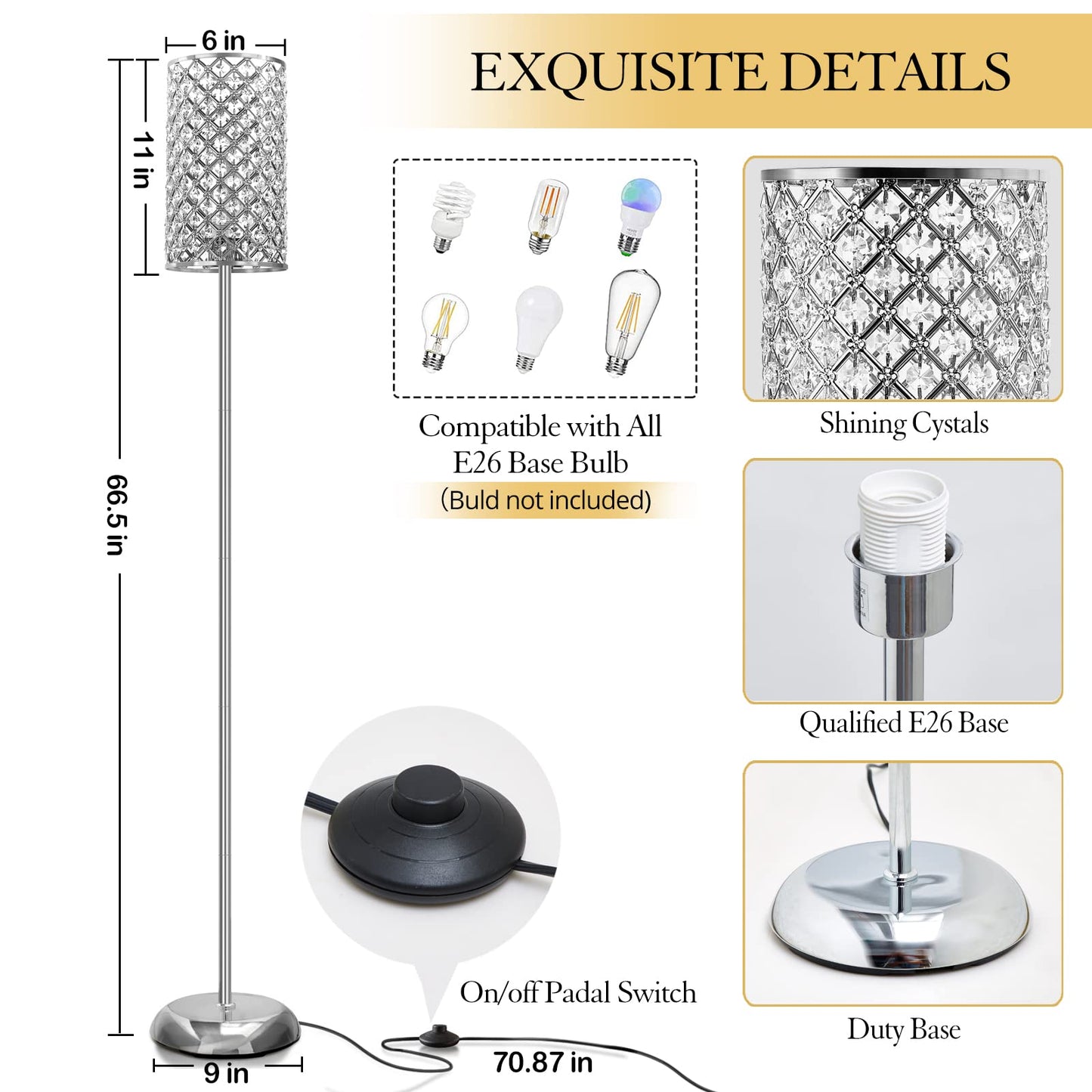 Gyrovu Elegant Silver Metal Floor Lamp, 66.5 Tall With On/Off Foot Switch, Modern Accent Light For Living Room, Bedroom, Office