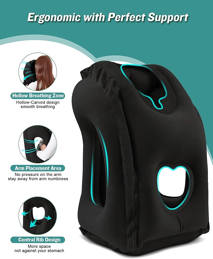 JefDiee Inflatable Travel Pillow, Airplane Neck Pillow Comfortably Supports Head and Chin for Airplanes, Trains, Cars Office Napping on The Tray Table (Black)
