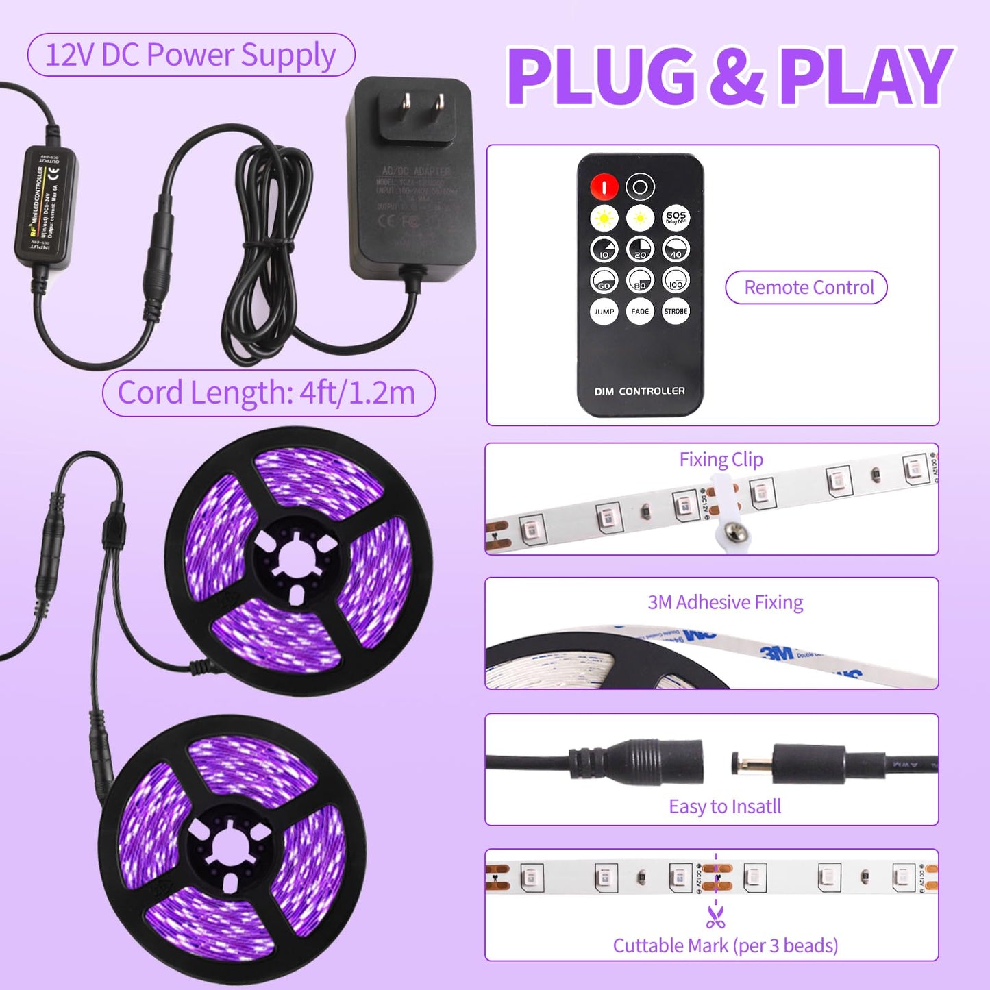 Shgpoda 50 Foot Black Light Strip & Remote  900Leds  Dimmable 12V Flexible Black Lights For Glow Party  Bedroom  Hallween  Fluorescent Tapestry Poster  3 Light Modes  Non-Waterproof