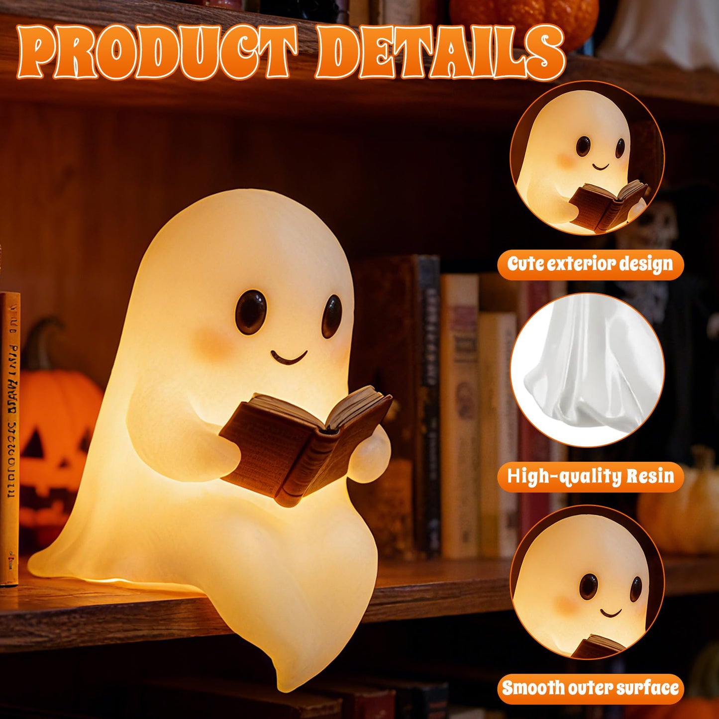 Ghost Reading Book Lamp  7.8In Ghost Night Light  Cute Halloween Ghost Figurines Statue Decor  Funny Night Lamp Statue For Bedrooms  Study Rooms  Living Rooms  Halloween Decorations Gifts (Big)