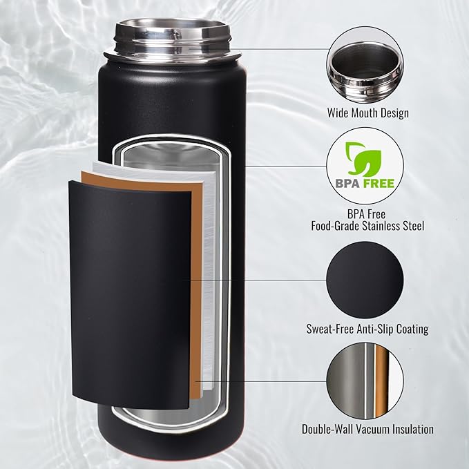 24 oz Insulated Water Bottle with Handle, 304 Stainless Steel Water Bottles with Wide Mouth, Double Wall Vacuum Sports Water Bottle, BPA Free, Keep Cold and Hot, Black