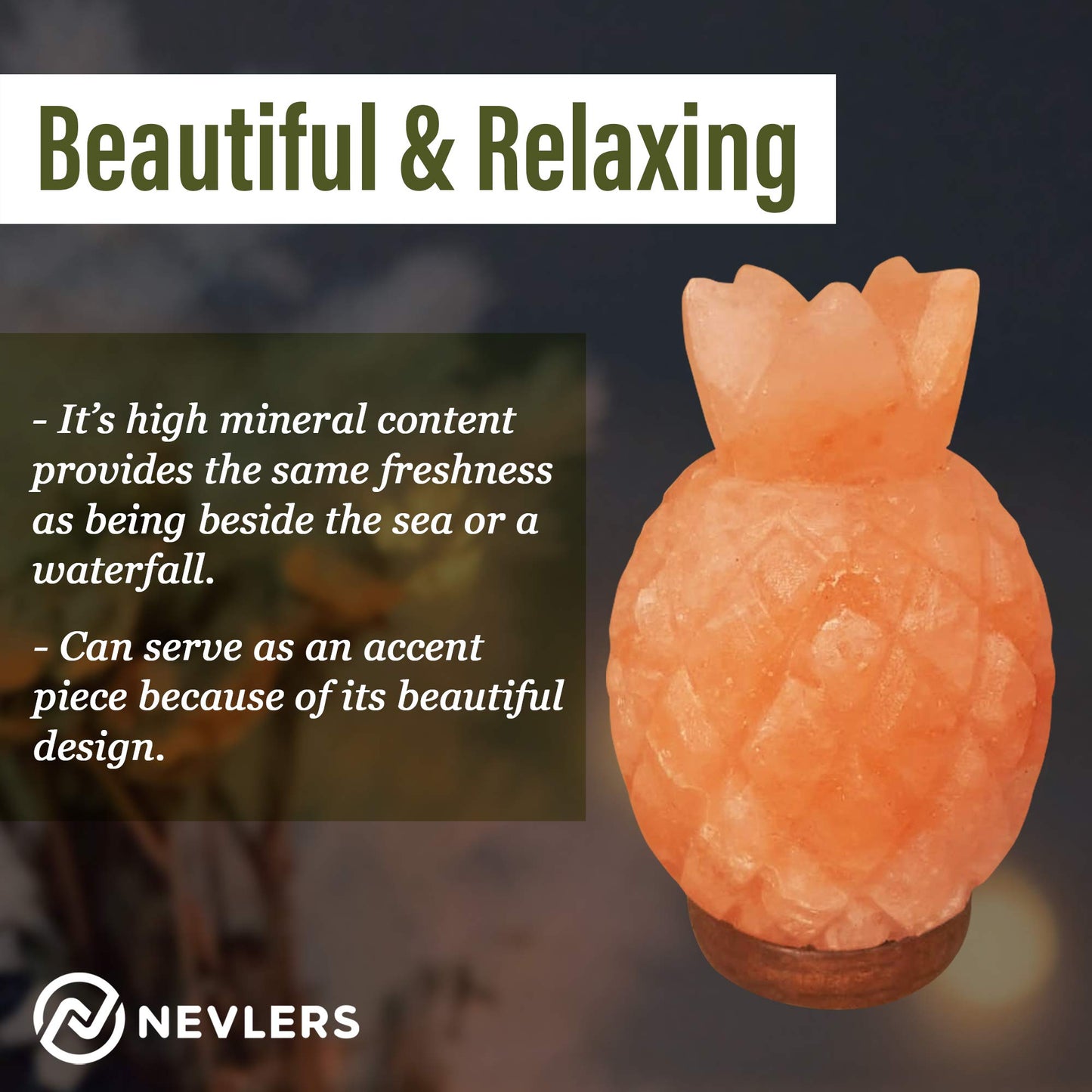 Nevlers Himalayan Pink Salt Lamp, Pineapple Shape, 7-8 lbs, 7in-8in Tall, Dimmer Cord, Wood Base, Ambient Decor, Model NDPINAPP36