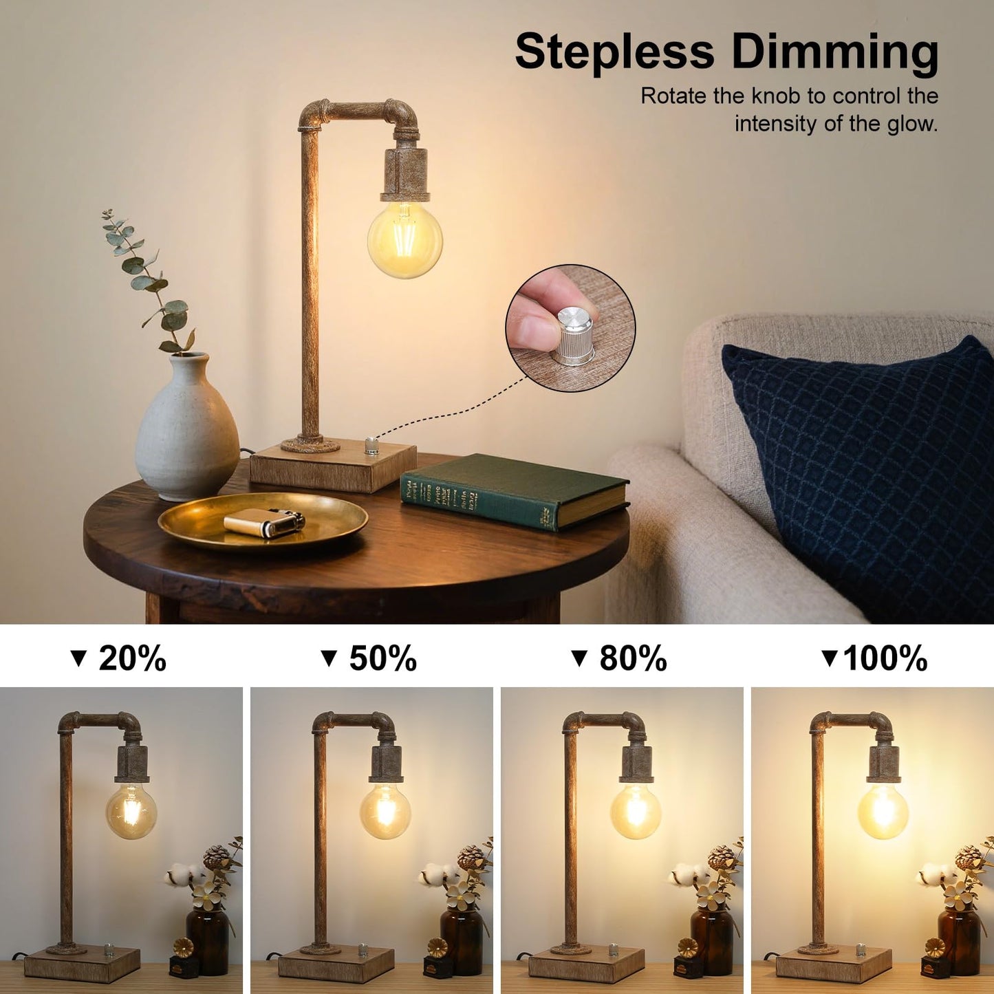 Seaside Village Steampunk Table Lamp with USB Ports, Dimmable, 5.59inx5.59inx16.14in, Brushed Rustic Wood, Model SG-Lamp-S-RW