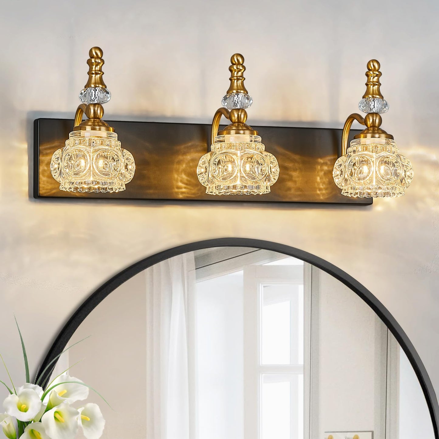 Lbsqj Bathroom Light Fixtures  Modern Glass Crystal Vanity Light Vintage Bathroom Lighting Fixtures Over Mirror 3 Light Vanity Lights G9 Bulb (19.68 Inch  Black Gold)