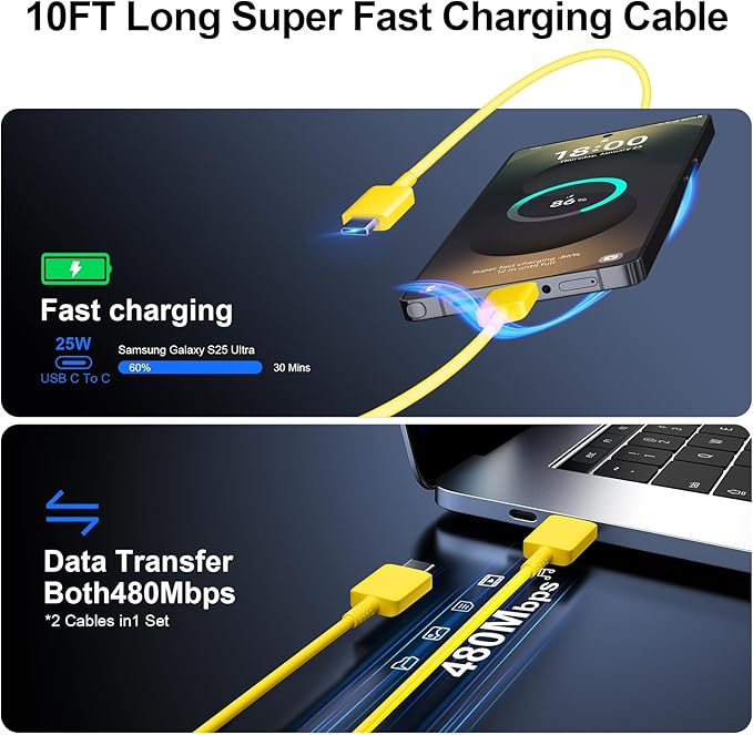 Super Fast Charger Type C, 25W USB C Wall Charger Fast Charging for Samsung Galaxy S25 Ultra/S25/S25+/S24+/S24 Ultra/S24/S24+/S23 Ultra/S22 Ultra/S21 Ultra with 10FT Long Type C Charger Cable 2Pack
