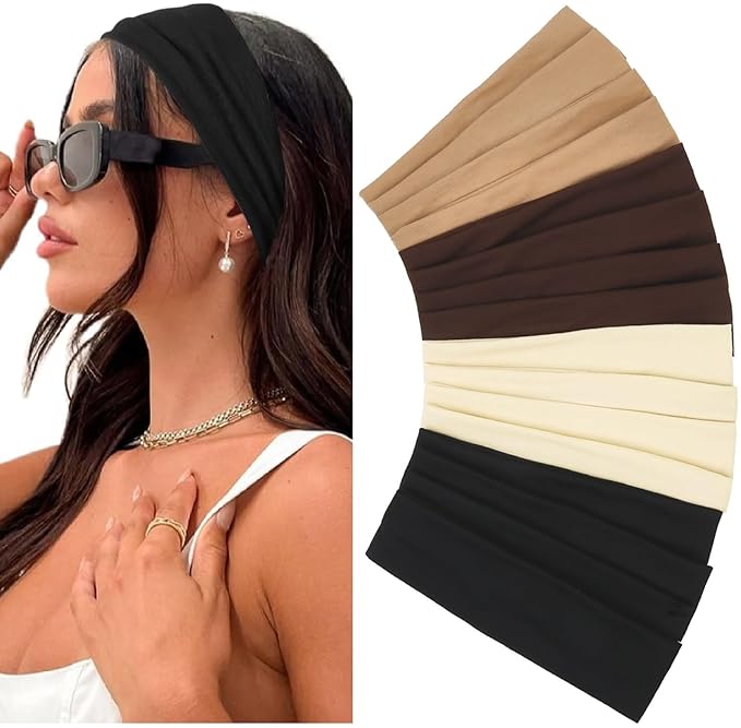Elastic Non-Slip Soft Cloth Fabric Women's Headbands 16 Pack - Yoga, Running, Sports Hair Accessories in Black, Brown, Bei...