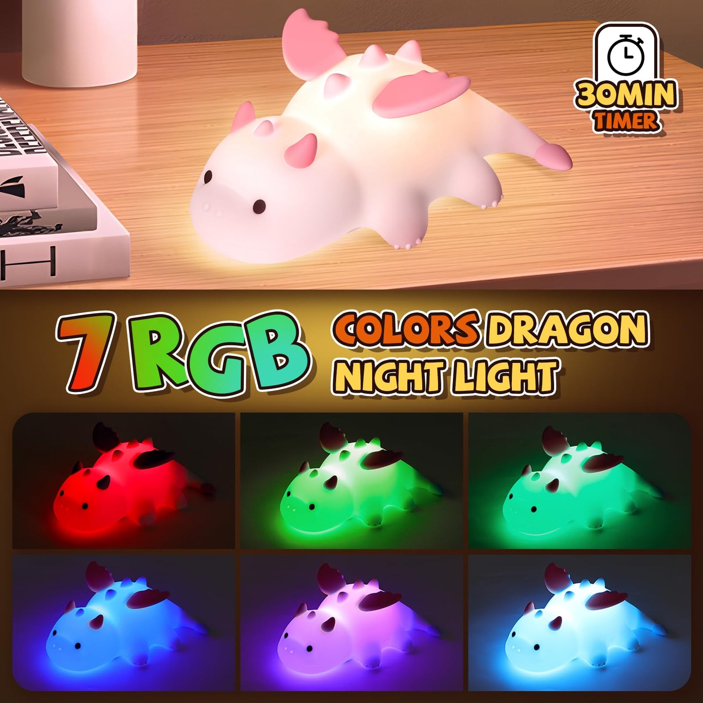 Gusweet Cute Dragon Night Light 7 Colors Changing And Dimmable Nursery Nightlight For Kids Rechargeable Silicone Bedside Lamp With Timer Gift For Boys And Girls