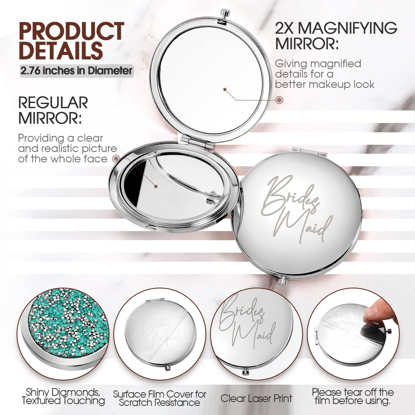 Roowest 8 Pcs Bridesmaid Compact Mirrors Bulk Magnifying Makeup Bridesmaid Gifts Set Double Sided for Purse Pocket for Bridal Sh